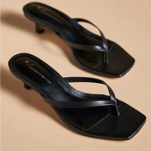 Anthropologie Black Leather Kitten Heel Thong Sandals